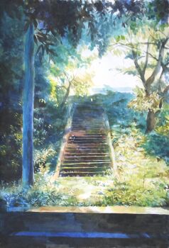 commentary_request day foliage looking_back no_humans original outdoors painting_(medium) scenery stairs traditional_media tree waka_miso watercolor_(medium)
