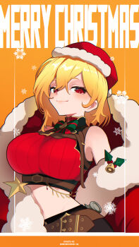 1girl absurdres blonde_hair breasts closed_mouth cropped_sweater dreamoon-q hair_between_eyes hat highres hololive hololive_indonesia huge_breasts kaela_kovalskia kaela_kovalskia_(4th_costume) large_breasts merry_christmas navel official_alternate_costume red_hat red_robe red_sweater robe santa_costume santa_hat solo sweater virtual_youtuber