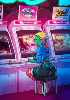 2022 arcade_cabinet back_tattoo bernhard_binder blonde_hair blue_eyes brand_name_imitation breasts bust_a_move capcom colored_skin cropped_hoodie crossed_legs dio_brando earrings fishnets green_skin heterochromia highres hol_horse hood hoodie hoop_earrings iggy_(jojo) jean_pierre_polnareff jewelry jojo_no_kimyou_na_bouken kakyoin_noriaki kuujou_jolyne large_breasts leg_tattoo looking_at_viewer looking_back marvel_vs._capcom metal_slug monster_girl multiple_earrings narciso_anasui o-ring orange_eyes original parody pointy_ears puzzle_bobble ring shoes short_shorts shorts signature sitting sneakers snk stardust_crusaders stitched_face stitches stone_ocean stool striped_clothes striped_thighhighs taito tattoo thighhighs tramp_stamp v vanilla_ice x-men_vs._street_fighter