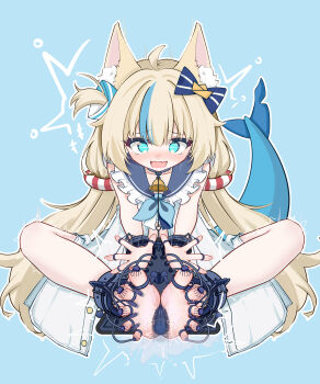 Rule 34 | 1girl, ^^^, absurdres, ahoge, animal ear fluff, animal ears, applying lotion, banbanban li, barefoot, bell, blonde hair, blue background, blue bow, blue eyes, blue neckerchief, blue sailor collar, blue streaks, blunt bangs, blush, bound, bound fingers, bound legs, bound toes, bound wrists, bow, buttons, cat ears, chinese commentary, clenched hands, closed mouth, collar, collarbone, commentary, crying, d:, dashed eyes, dress, fang, fangs, feet, fins, fish girl, fish tail, foot focus, frilled dress, frilled sailor collar, frills, furrowed brow, gold buttons, hair bow, hair ornament, highres, indie virtual youtuber, laughing, lifebuoy hair ornament, long hair, looking at viewer, lotion, low twintails, mixed-language commentary, multicolored hair, neck bell, neckerchief, notice lines, one side up, open mouth, outline, sailor collar, sailor dress, saliva, saliva trail, sameko saba, sameko saba (1st costume), short dress, simple background, sitting, skin fangs, sleeveless, sleeveless dress, smile, soles, solo, spread fingers, spread toes, streaked hair, streaming tears, tail, tears, tickle torture, tickling, tickling feet, toes, trembling, twintails, two-tone hair, very long hair, virtual youtuber, wavy mouth, white dress, white outline