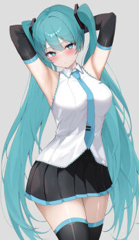 1girl absurdres alternate_breast_size_(larger) aqua_eyes aqua_hair aqua_necktie aqua_trim armpits bare_shoulders black_sleeves blush breasts closed_mouth collared_shirt commentary_request detached_sleeves eikawa_suru glasses grey_background grey_shirt hair_ornament hatsune_miku headset highres large_breasts long_hair looking_at_viewer medium_breasts necktie presenting_armpit shirt simple_background skirt sleeveless sleeveless_shirt smile smug solo thighhighs tie_clip twintails v-shaped_eyebrows vocaloid white_shirt zettai_ryouiki