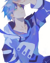 Rule 34 | 1boy, arm up, blue hair, closed mouth, collarbone, commentary, curtained hair, english commentary, expressionless, gimn, glowing, glowing eyes, green eyes, highres, holostars, holostars english, hood, hoodie, layered sleeves, long sleeves, looking at viewer, male focus, regis altare, short hair, short over long sleeves, short sleeves, solo, upper body, virtual youtuber, white background, white hoodie