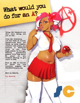 1girl absurdres apple breasts collared_shirt combos_&amp;_doodles crop_top dark-skinned_female dark_skin english_text food fruit highres holding holding_food holding_fruit large_breasts looking_at_viewer miniskirt navel_piercing necktie nintendo octoling piercing pink_eyes pleated_skirt pointy_ears poster_(medium) red_necktie red_skirt revealing_clothes school_uniform shirt short_sleeves skirt solo splatoon_(series) takoko_yakisoba_(combos_&amp;_doodles) tentacle_hair thighhighs white_shirt white_thighhighs