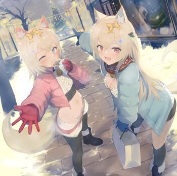 2girls absurdres animal_ears bag bandaid bandaid_hair_ornament bare_tree bell black_footwear blue_eyes blue_gloves blue_hair blue_jacket bow breasts cable_knit christmas christmas_tree coat colored_inner_animal_ears dog_girl dog_tail donut flat_chest food fuwawa_abyssgard gloves groin hair_bow hair_ornament handbag highres hololive hololive_english jacket lamppost large_breasts looking_at_viewer midriff mococo_abyssgard multiple_girls navel neck_bell offering_hand one_eye_closed outdoors pink_eyes pink_hair pink_jacket pointing pon_de_ring recklessdraw red_gloves scarf shirt short_shorts shorts siblings sisters smile snow spandex tail thighs tree twins virtual_youtuber white_shirt window winter winter_clothes winter_coat yellow_background