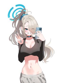 1girl absurdres asuna_(blue_archive) black_shirt blonde_hair blue_archive blue_eyes blue_halo blue_scrunchie blush breasts choker cleavage collarbone crop_top grey_pants grin groin hair_over_one_eye halo highres holding holding_phone large_breasts long_hair long_sleeves navel one_eye_closed pants phone ponytail scrunchie selfie shirt smile solo td_(tandeom97) v very_long_hair white_background