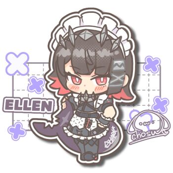 1girl black_dress black_hair blush character_name chibi chibi_only colored_inner_hair commentary_request dress ellen_joe fins fish_tail frilled_wristband hairband lilychosu looking_at_viewer maid_headdress metal_hairband mole mole_under_eye multicolored_hair razor_blade_hair_ornament red_eyes scar scar_on_tail shark_girl shark_tail signature solo spiked_headband tail white_background zenless_zone_zero