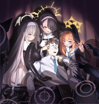 1boy 6+girls absurdres after-school_sweets_club_(blue_archive) airi_(blue_archive) airi_(halloween)_(blue_archive) animal_ears black_dress black_hair black_jacket black_leotard black_pants black_veil blue_archive blue_neckerchief blue_necktie blush boots breasts cat_ears cat_girl closed_mouth collar cross crossed_bangs dress eyes_visible_through_hair grey_hair hair_between_eyes hair_over_one_eye halo high_heel_boots high_heels highres hinata_(blue_archive) holding holding_cross jacket kazusa_(blue_archive) kazusa_(halloween)_(blue_archive) large_breasts leotard long_hair mari_(blue_archive) multiple_girls natsu_(blue_archive) natsu_(halloween)_(blue_archive) neckerchief necktie open_mouth outstretched_arms pants purple_eyes reaching reaching_towards_another red_eyes sailor_collar sakurako_(blue_archive) sakurako_(justina_uniform)_(blue_archive) shirt sidelocks sisterhood_(blue_archive) sweat thigh_boots toriaki veil very_long_hair white_collar white_halo white_sailor_collar white_shirt yellow_halo yoshimi_(blue_archive) yoshimi_(halloween)_(blue_archive)