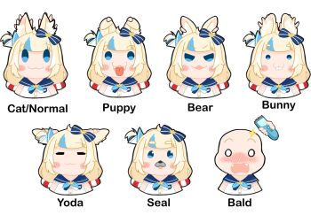 Rule 34 | animal ear fluff, animal ears, blue streaks, bow, cat ears, expression chart, fish girl, frilled sailor collar, frills, hair clipper, highres, indie virtual youtuber, lifebuoy hair ornament, low twintails, multicolored hair, sailor collar, sameko saba, streaked hair, twintails, virtual youtuber, ztynz1