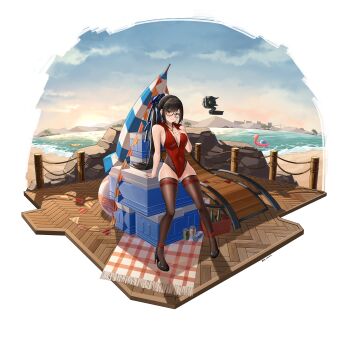 absurdres arm_support armpit_crease ball bare_shoulders beach beach_umbrella beachball between_breasts black-framed_eyewear black_hair black_shoes blue_sky blush bottle boulder box breasts brown_eyes brown_thighhighs building bunting can character_name chinese_commentary cleavage closed_mouth closed_umbrella cloud commentary commentary_request cooler covered_navel dated drawstring drink_can earrings english_commentary eve_(stellar_blade) flamingo_innertube food full_body glasses gluteal_fold groin hand_on_own_chest heart_pendant high_heels high_ponytail highleg highleg_leotard highres hill hood hood_down hooded_leotard innertube jewelry jfzm001 leaning_back leotard long_hair looking_at_viewer looking_to_the_side medium_breasts mixed-language_commentary on_box outdoors picnic_blanket pigeon-toed pizza pizza_slice ponytail pumps red_leotard round_eyewear shoes sideways_glance signature sitting sitting_on_box sky sleeveless smile stellar_blade stiletto_heels straight_hair string_of_flags sun swept_bangs swim_ring thank_you thighhighs thighs tree umbrella unzipped variant_set wooden_floor zipper zipper_pull_tab