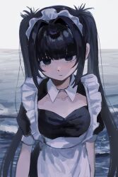 Rule 34 | 1girl, apron, arms at sides, black dress, black eyes, black hair, cleavage cutout, closed mouth, clothing cutout, cloud, cloudy sky, collarbone, cowboy shot, dress, expressionless, frilled apron, frills, head tilt, highres, horizon, inu dakisime, long bangs, looking at viewer, maid headdress, ocean, original, outdoors, overcast, sidelocks, sky, solo, twintails, water, white apron