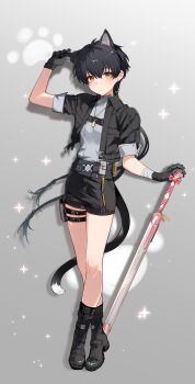 1boy aged_down animal_ears belt black_boots black_gloves black_hair boots cat_ears cat_tail child cropped_jacket full_body gloves grey_shirt hand_on_own_ear hashtag-only_commentary high_collar highres jewelry kemonomimi_mode legs long_hair looking_at_viewer low_ponytail male_focus male_rover_(wuthering_waves) necklace ponytail rover_(wuthering_waves) shirt shirt_tucked_in short_shorts shorts tail thigh_strap watashi_wa_chibi wuthering_waves yellow_eyes