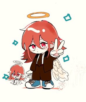 Rule 34 | 1boy, androgynous, angel, angel devil (chainsaw man), angel wings, black jacket, black necktie, black suit, blue shoes, chainsaw man, chibi, colored shadow, commentary request, doodle inset, dot nose, feathered wings, formal clothes, hair between eyes, halo, jacket, long hair, looking at viewer, male focus, messy hair, necktie, negative space, niko noitodayo, red eyes, red hair, shadow, shoes, sneakers, solo, sparkle, suit, suit jacket, traditional halo, v, white background, white wings, wings