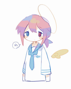 1boy @_@ angel animal_print blue_eyes blue_necktie blush detached_wings disembodied_wing fish_print frown heterochromia highres hole long_sleeves male_focus necktie one_wing original pink_hair ponytail raito-kun_(uenomigi) red_eyes sailor_collar shirt short_hair short_ponytail simple_background single_wing solo speech_bubble trap uenomigi upper_body white_background white_shirt wing wings