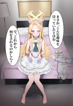 1girl animal_ear_fluff animal_ears bare_arms bare_legs bare_shoulders barefoot blonde_hair blue_archive blue_necktie blush commentary_request cuffs dress flat_chest flower forehead fox_ears fox_girl grin hair_flower hair_ornament halo handcuffs highres indoors jjigong_chigon layered_dress necktie on_bed pink_hair seia_(blue_archive) sitting sleeveless sleeveless_dress smile solo white_dress white_flower yellow_halo