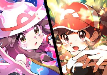 2girls absurdres baseball_cap blue_shirt blush brown_eyes brown_hair commentary elaine_(pokemon) eyelashes floating_hair hat highres holding holding_poke_ball leaf_(pokemon) multiple_girls nintendo open_mouth outstretched_hand poke_ball poke_ball_(basic) pokemon pokemon_frlg pokemon_lgpe pon_yui red_headwear shirt short_sleeves sleeveless sleeveless_shirt smile split_screen spread_fingers stadium star_(symbol) tongue white_headwear