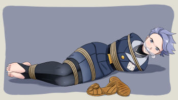 1girl absurdres arms_behind_back black_leggings border bound buttons cloth_gag commentary_request cyllene_(pokemon) eyelashes full_body gag gagged grey_background grey_hair highres improvised_gag jacket leggings looking_at_viewer lost_one_zero lying nail_polish nintendo on_side pokemon pokemon_legends:_arceus restrained shoes short_hair skirt solo stirrup_legwear toeless_legwear toenail_polish toenails toes unworn_shoes variant_set