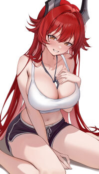 $hu 1girl absurdres between_breasts black_shorts breasts cleavage collarbone dolphin_shorts drawstring goddess_of_victory:_nikke grin highres horns large_breasts long_hair looking_at_viewer mechanical_horns red_hair red_hood_(nikke) short_shorts shorts simple_background sitting smile solo sports_bra thighs very_long_hair wariza white_background white_sports_bra yellow_eyes