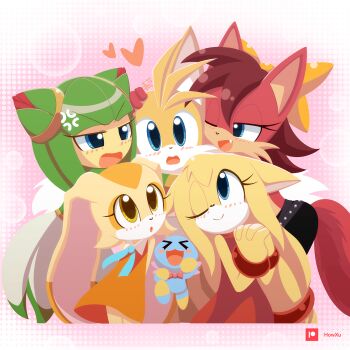 1girl 4girls anger_vein artist_name blush bow bowtie bracelet brown_hair chao_(sonic) cheese_(sonic) commentary cosmo_(sonic) cosmo_the_seedrian cream_the_rabbit fang fiona_fox fox_boy fox_girl hair_bow highres howxu in-franchise_crossover jewelry midriff multiple_girls neutral_chao one_eye_closed simple_background sleeveless sonic_(series) sonic_the_hedgehog_(archie_comics) sonic_x tails_(sonic) zooey_(sonic)