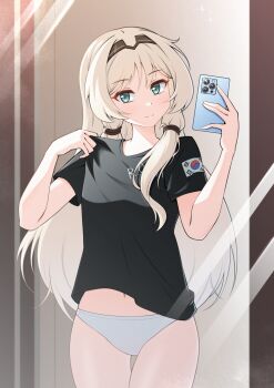 1girl an-94_(girls&#039;_frontline) black_shirt blonde_hair blonde_pubic_hair cellphone commentary girls&#039;_frontline green_eyes headband highres holding holding_phone jiwon_(sj1) long_hair looking_at_viewer mirror_selfie navel_peek no_pants panties phone reflection reflection_focus selfie shirt smartphone smile solo south_korean_flag standing thigh_gap twintails underwear very_long_hair white_panties