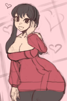 black_eyes black_thighhighs breasts cleavage collarbone dress hair_between_eyes hairband hand_on_own_face hand_on_own_leg heart highres large_breasts long_sleeves looking_at_viewer pink_background red_sweater saiykik sidelocks simple_background smile spy_x_family sweater sweater_dress thighhighs unfinished yor_briar