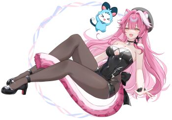 &gt;_&lt; 1girl :3 animal_ears bare_shoulders bell beret black_bow black_choker black_hat black_leotard black_pantyhose black_ribbon black_shoes black_wrist_cuffs blush bow breasts chattino_(raora_panthera) cherriuna choker cleavage collarbone commentary covered_navel fang fingernails footwear_bell glint hair_intakes hair_ribbon hat high_heels highres hololive hololive_english jingle_bell large_breasts leotard long_hair multicolored_hair nail_polish neck_bell open_mouth panther_ears panther_girl panther_tail pantyhose pink_hair pink_lips pink_nails pink_tail raora_panthera ribbon shoes simple_background skin_fang smile strapless strapless_leotard streaked_hair tail thighs two-tone_hair virtual_youtuber white_background wrist_cuffs yellow_eyes
