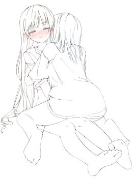 2girls barefoot blush breasts closed_eyes closed_mouth greyscale highres hug huge_breasts mahou_shoujo_no_majo_saiban monochrome multiple_girls nekobanana_(m23453456) shirt spot_color tachibana_sherry tono_hanna yuri