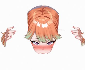 Rule 34 | 1girl, between legs, blush, helldeer, highres, hololive, hololive english, implied cunnilingus, long hair, looking at viewer, orange hair, pov, purple eyes, simple background, solo, takanashi kiara, virtual youtuber, white background, yuri