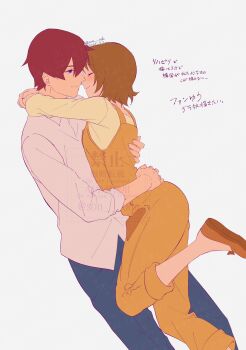 1boy 1girl blue_eyes blush bob_cut brown_hair closed_eyes couple denim flirting groin hands_on_another's_back hands_on_another's_neck happinesscharge_precure! highres holding hug jeans loafers long_sleeves looking_to_the_side mature_female mature_male oomori_yuuko overalls pants parted_bangs phantom_(happinesscharge_precure!) precure red_hair ribbon shirt shoes short_hair wasa7subi white_shirt yellow_overalls yellow_shirt