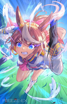 Rule 34 | 2girls, animal ears, ascot, asymmetrical gloves, biwa hayahide (pf. winning equation...) (umamusume), biwa hayahide (umamusume), black gloves, blue eyes, boots, bow, brown hair, buttons, clenched teeth, commentary request, double-breasted, epaulettes, eye trail, freeze-ex, glasses, gloves, grey hair, hair between eyes, high ponytail, horse ears, horse girl, horse tail, jacket, light trail, long hair, long sleeves, mismatched gloves, multicolored hair, multicolored jacket, multiple girls, open mouth, pink ascot, ponytail, purple jacket, purple skirt, red-framed eyewear, running, semi-rimless eyewear, shirt, single epaulette, skirt, streaked hair, sweat, tail, teeth, thighhighs, tokai teio (peak joy) (umamusume), tokai teio (umamusume), two-tone hair, two-tone jacket, two-tone skirt, umamusume, under-rim eyewear, white boots, white gloves, white hair, white jacket, white skirt