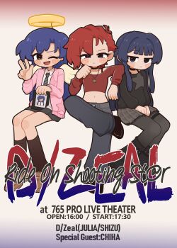 3girls angel_wings black_choker black_hair black_pantyhose black_shirt blue_hair brown_shoes brown_socks cardigan character_name choker closed_mouth cropped_shirt d/zeal_(idolmaster) diagonal-striped_clothes diagonal-striped_necktie fake_halo fis_(t83192933) grey_pants halo hand_up highres idolmaster idolmaster_(classic) idolmaster_million_live! idolmaster_million_live!_theater_days iei jewelry julia_(idolmaster) kisaragi_chihaya long_hair long_sleeves looking_at_viewer midriff mogami_shizuka multiple_girls navel necklace necktie open_mouth pants pantyhose pink_cardigan plaid_clothes plaid_skirt poster_(medium) red_hair red_shirt shirt shoes short_hair sitting skirt smile socks star_(symbol) star_necklace striped_clothes w wings
