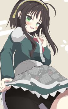 1girl :d ahoge bike_shorts black_hair black_shorts blush cameltoe clothes_lift commentary cowboy_shot frilled_skirt frills from_below furrowed_brow green_eyes green_jacket green_skirt hair_between_eyes hair_ornament hairband hand_up highres hitachi_mako index_finger_raised jacket lifting_own_clothes long_sleeves looking_at_viewer mochikumo naughty_face open_mouth panties_under_bike_shorts panties_under_shorts school_uniform senren_banka short_hair_with_long_locks shorts simple_background skirt skirt_lift smile solo tassel tassel_hair_ornament white_hairband