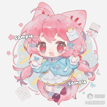 1girl :3 :d animal_ears bai_xiong_nailaojuan blue_neckerchief blue_shirt blush chibi chibi_only double-parted_bangs dress fox_ears fox_girl fox_tail full_body highres holding holding_letter letter long_hair long_sleeves looking_at_viewer low_twintails mihuashi_username neckerchief open_mouth original pink_hair red_eyes red_shoes sailor_collar sample_watermark shirt shoes smile socks solo tail thick_eyebrows twintails watermark white_dress white_sailor_collar white_socks