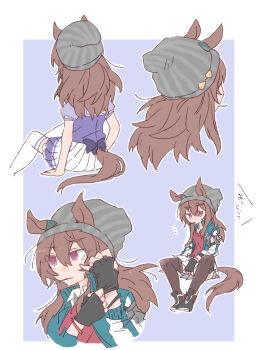 Rule 34 | ..., 1girl, animal ears, beanie, beer hsk, black boots, black gloves, blue background, blue jacket, boots, border, brown hair, brown thighhighs, collared shirt, commentary request, ears through headwear, fingerless gloves, gloves, grey hat, hair between eyes, hat, highres, horse ears, horse girl, horse tail, jacket, long hair, multiple views, nakayama festa (umamusume), open clothes, open jacket, pleated skirt, purple eyes, purple shirt, school uniform, shirt, sitting, skirt, sweater vest, tail, thighhighs, thighhighs under boots, tracen school uniform, translation request, umamusume, vertical-striped hat, white border, white shirt, white skirt, white thighhighs