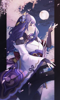 1girl absurdres black_thighhighs blunt_bangs braid breasts bridal_gauntlets bridge butterfly_hair_ornament cherry_blossoms cleavage closed_mouth clothing_cutout commentary_request falling_petals flower flower_ornament from_side full_moon genshin_impact hair_ornament hand_up highres japanese_clothes kimono large_variant_set long_braid long_hair long_sleeves mole mole_under_eye moon multicolored_hair neck_ribbon night night_sky off_shoulder outdoors oyasumi_(oyasumign8) petals pink_lips pink_petals purple_eyes purple_flower purple_hair purple_kimono purple_nails raiden_shogun red_ribbon red_sash ribbon sash shoulder_cutout single_braid sky solo standing streaked_hair thighhighs tree upper_body variant_set wide_sleeves