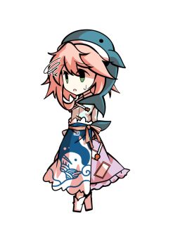 1girl animal_print apron arms_behind_back blue_apron boots chibi chibi_only collared_shirt commentary_request dairi fish_print frilled_skirt frills full_body large_variant_set long_sleeves ofuda ofuda_on_clothes okunoda_miyoi pink_hair pink_skirt print_apron shirt short_hair sidelocks simple_background skirt solo standing tachi-e touhou transparent_background variant_set waist_apron whale_hat whale_print white_boots white_shirt