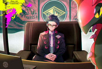 1boy black_hair black_jacket black_pants chair collared_shirt colored_sclera commentary_request computer corbeau_(pokemon) desk eyewear_strap gen_5_pokemon glasses highres jacket laptop long_sleeves looking_at_viewer male_focus mitsuha_(bless_blessing) neckerchief necktie nintendo on_chair own_hands_together pants pokemon pokemon_(creature) pokemon_legends:_z-a purple_shirt scolipede shirt sitting smile smirk white_neckerchief yellow_eyes yellow_sclera