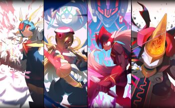 1girl 3boys absurdres android arm_cannon armor blonde_hair blurry blurry_foreground bodysuit capcom cape claws closed_mouth commentary copy_x_(mega_man) dark_elf_(mega_man) dr._weil_(mega_man) dual_persona elpizo_(mega_man) energy energy_blade energy_sword gloves helmet highres holding holding_sword holding_weapon incoming_attack long_hair long_nose looking_at_viewer male_focus mega_man_(series) mega_man_zero_(series) mega_man_zero_1 mega_man_zero_2 mega_man_zero_3 mega_man_zero_4 multiple_boys multiple_forms old old_man omega_(mega_man) outstretched_hand parted_lips perspective powering_up rapier red_eyes red_headwear robot simple_background smile solo sword tanziya_(codlxcold) very_long_hair weapon white_background white_gloves wings