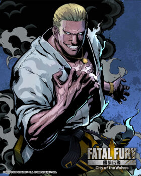 Rule 34 | 1boy, blonde hair, blue eyes, collarbone, copyright name, dougi, fatal fury, fatal fury: city of the wolves, geese howard, gold necklace, gold wristwatch, hair slicked back, hakama, hakama skirt, highres, japanese clothes, jewelry, looking at viewer, male focus, muscular, necklace, official art, senno aki, short hair, skirt, smile, snk, solo