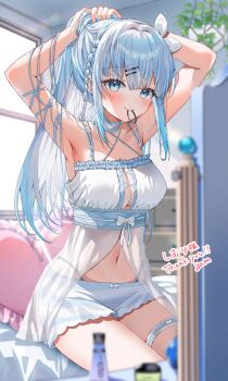1girl absurdres adjusting_hair arm_bow armpits arms_up blue_eyes blue_hair blurry blurry_background blush bow braid breasts choker commission crop_top hair_bow hair_ornament hairclip heart heart-shaped_pillow highleg highleg_panties highres indoors long_hair looking_at_viewer medium_breasts mouth_hold multicolored_hair navel original panties pillow pink_pillow ponytail see-through_clothes sitting skeb_commission skirt smile solo streaked_hair thigh_strap underwear white_choker white_hair white_skirt yam_(yamap_mako)