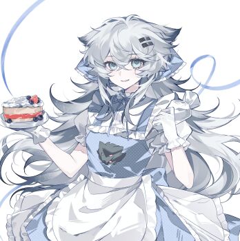 1girl alternate_costume animal_ears apron arknights blue_dress blue_eyes cake cake_slice commentary cream crossed_bangs dress food frilled_apron frills gloves grey_hair hair_between_eyes hair_ornament hairclip highres holding holding_plate kuraudoberi lappland_(arknights) long_hair pinafore_dress plate polka_dot polka_dot_dress puffy_short_sleeves puffy_sleeves shirt short_sleeves simple_background sleeveless sleeveless_dress smile solo symbol-only_commentary unmoving_pattern waist_apron white_apron white_background white_gloves white_shirt wolf_ears wolf_girl