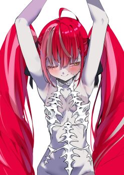 1girl ;) absurdres adapted_costume ahoge armpit_focus armpits arms_up averting_eyes black_ribbon blush bone breasts colored_skin commentary english_commentary facing_viewer fang fang_out grey_hair grey_skin groin hair_between_eyes hair_ribbon highres hololive hololive_indonesia jewel_under_eye kghazir kureiji_ollie kureiji_ollie_(rebirth) long_hair multicolored_hair multicolored_skin nude official_alternate_costume one_eye_closed patchwork_skin pink_hair presenting_armpit red_hair revealing_clothes ribbon ribs sideways_glance simple_background small_breasts smile solo stitched_arm stitched_face stitched_torso stitches streaked_hair symbol-shaped_pupils twintails two-tone_skin upper_body very_long_hair virtual_youtuber white_background x-shaped_pupils yellow_eyes zombie