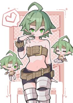 1girl :3 :d ahoge bare_shoulders belt black_shorts blush brown_belt chest_belt chibi closed_mouth collarbone commentary_request disgaea double-parted_bangs feet_out_of_frame female_warrior_(disgaea) green_eyes green_hair hair_between_eyes hand_up heart highres looking_at_viewer multiple_views navel open_mouth pointy_ears polka_dot polka_dot_background short_hair shorts smile spoken_heart standing suaman