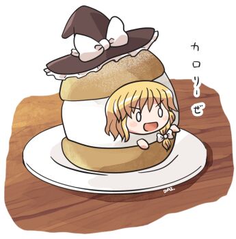 0_0 1girl :d black_hat blonde_hair blush_stickers bow braid commentary_request food frilled_hat frills hair_bow hat hat_bow in_food kirisame_marisa maritozzo open_mouth plate rokugou_daisuke short_hair signature single_braid smile solo touhou translation_request v-shaped_eyebrows white_bow