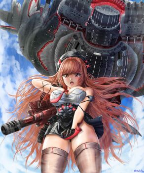1girl absurdres asahipinko black_choker blush breasts choker cleavage gloves goddess_of_victory:_nikke gradient_necktie gun hairband highres holding holding_weapon large_breasts long_hair looking_at_viewer necktie official_alternate_design official_alternate_hair_color official_alternate_hairstyle outdoors rapi_(nikke) rapi_(red_hood)_(nikke) rapture_(nikke) red_eyes red_hair weapon