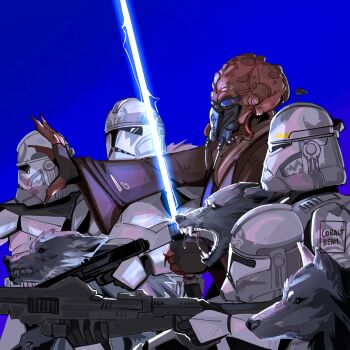 5boys alien blue_background blue_lightsaber clone_trooper cobalt_beam commander_wolffe energy_sword gun highres holding holding_gun holding_sword holding_weapon kel_dor lightsaber multiple_boys plo_koon simple_background star_wars star_wars:_the_clone_wars sword weapon wolf