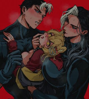 1boy 2girls bat_signal batman_(series) batman_symbol black_bodysuit black_gloves black_hair blue_eyes bodysuit dc_comics dual_persona genderswap genderswap_(mtf) gloves grey_bodysuit highres jason_todd multicolored_bodysuit multicolored_hair multiple_girls muscular muscular_male oc_x_canon open_clothes original pants red_hood_(dc) red_hood_and_the_outlaws rfnyn17381 short_hair superhero_costume taut_bodysuit two-tone_bodysuit