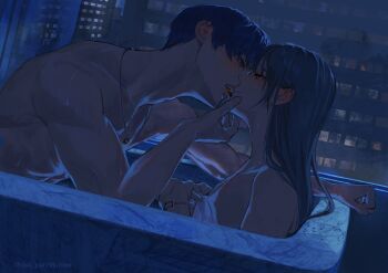 1boy 1girl bathing bathtub blush brown_hair couple hand_on_another's_chin hetero highres jewelry kiss long_hair love_and_deepspace necklace nude osaki_iyo purple_hair rafayel_(love_and_deepspace) ring ring_necklace short_hair twitter_username upper_body wet window