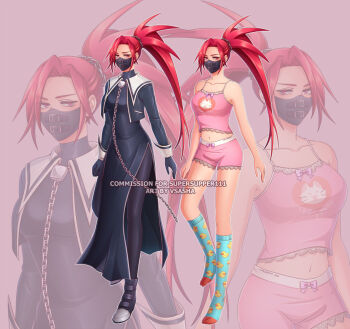 Rule 34 | 1girl, animal print, annoyed, armpits, arms at sides, artist name, artist request, black bodysuit, black footwear, black gloves, black mask, blush, bodysuit, boots, bow, bow camisole, bow panties, boyshort panties, breasts, camisole, capcom, cat print, chain, character name, reference sheet, collarbone, commission, delinquent, embarrassed, eyelashes, female focus, full body, gloves, heart, heart print, high ponytail, highres, zaki (justice gakuen), justice gakuen, kneehighs, legs, long hair, mask, medium breasts, midriff, moero! justice gakuen, multiple views, name tag, navel, neck, panties, parted bangs, pink background, pink boyshorts, pink camisole, ponytail, print socks, red hair, ribbon camisole, bow panties, sailor collar, shiritsu justice gakuen, sidelocks, simple background, skin tight, socks, spiked hair, standing, tag, thighs, underwear, underwear only, unworn clothes, very long hair