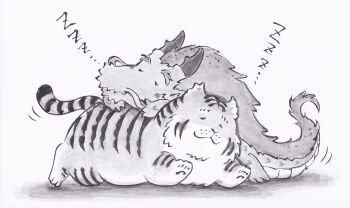 :3 animal_focus closed_mouth commentary_request dragon dragon_horns eastern_dragon closed_eyes hiraoka_senitsu horns lying monochrome mythological_creature no_humans on_stomach original sleeping striped tiger zzz