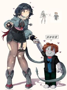 1girl animal_ears bacon_(roblox) black_gloves black_hair black_jacket black_pants black_shorts black_tube_top blue_shirt blush_stickers brown_hair commentary corrupted_twitter_file crossover fingerless_gloves full_body gloves green_jacket heart high-waist_shorts highres holding_hands jacket jane_doe_(zenless_zone_zero) long_hair looking_at_another mouse_ears mouse_girl mouse_tail mugiz pants pantyhose raised_eyebrows red_nails roblox shirt shorts simple_background single_leg_pantyhose smile speech_bubble standing strapless tail thighhighs torn_clothes torn_pantyhose tube_top white_background zenless_zone_zero |_|